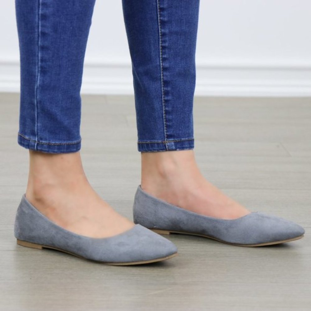 Gray Vegan Suede Pointy Toe Flat Shoes - Picture 2 of 7